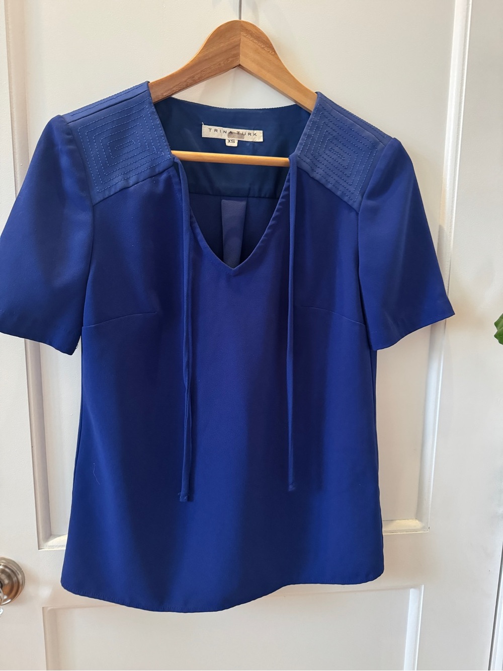Trina Turk Cobalt Tie-Neck Short Sleeve Blouse